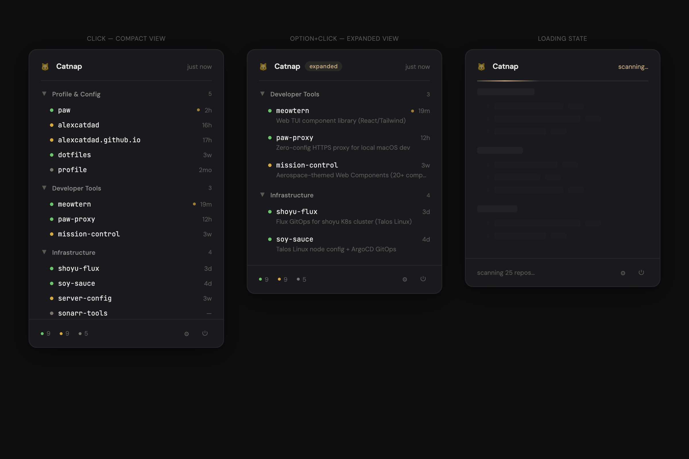 Catnap showing compact, expanded, and loading states